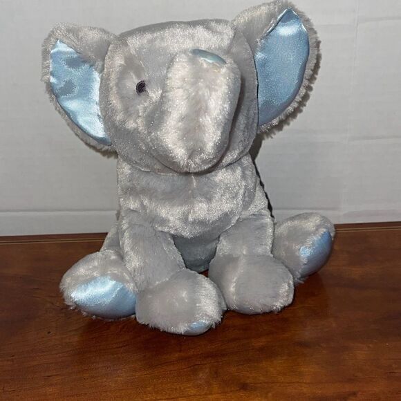 BABY GUND EMMET 10” Super Soft Baby Elephant blue satin details Chime Rattle Toy - Picture 1 of 12